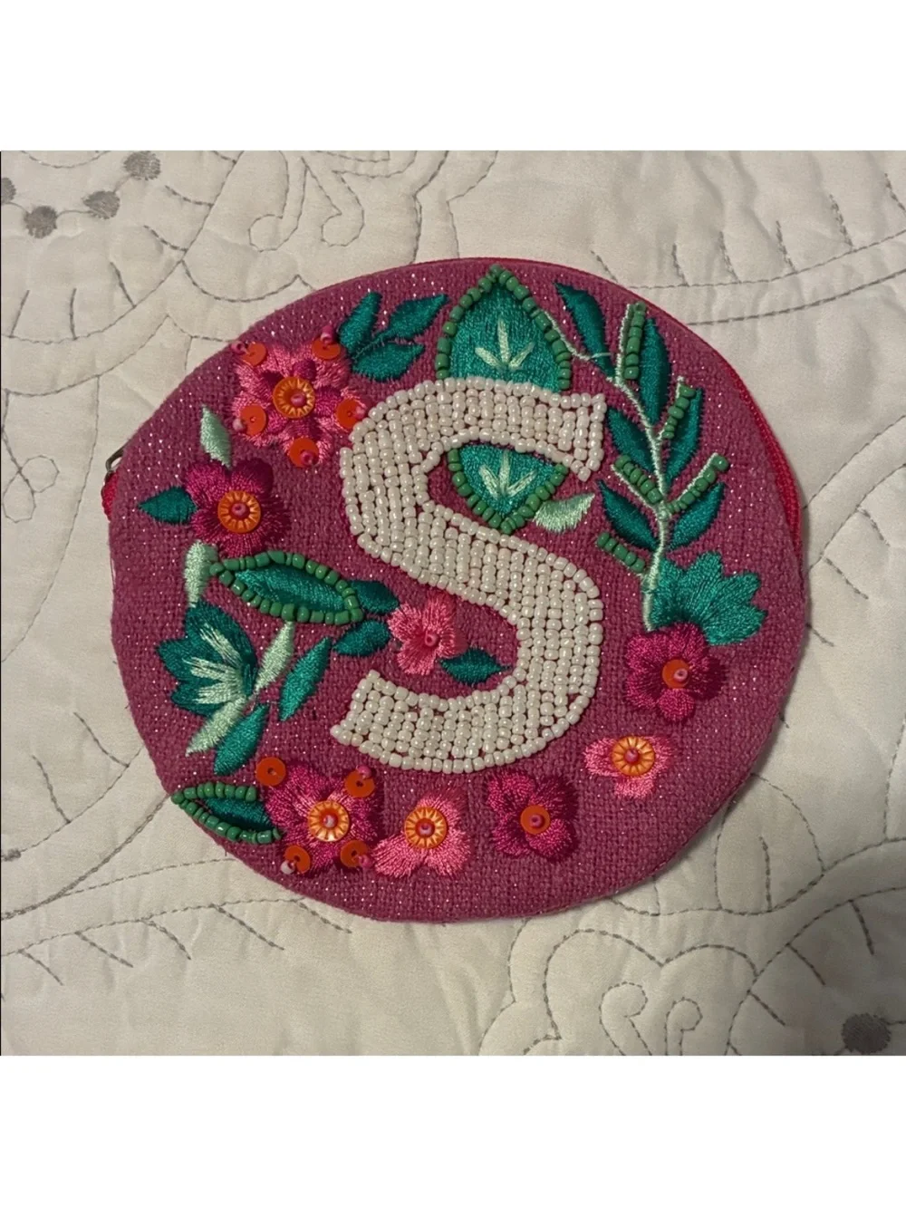Embroidered Round Floral Coin Purse with Initial S Purple